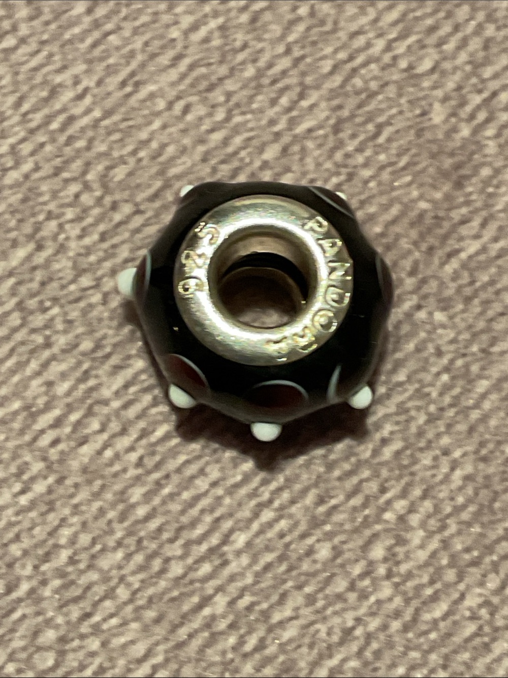 Pandora Black Glass Bead Charm with White and Brown Dots